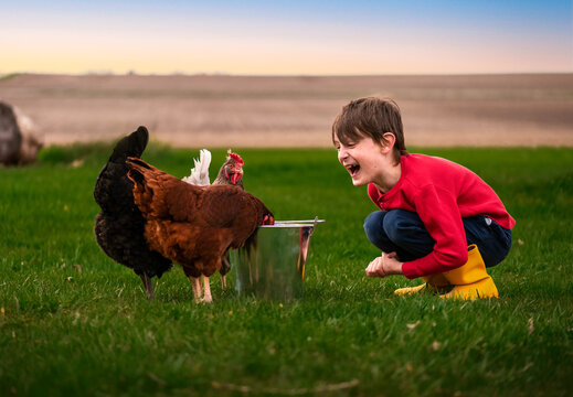 a boy laughing at chickens eating scratch from a bucket