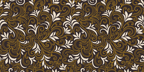 Elegant seamless pattern with leaves and curls. Luxury floral background. Vector illustration.