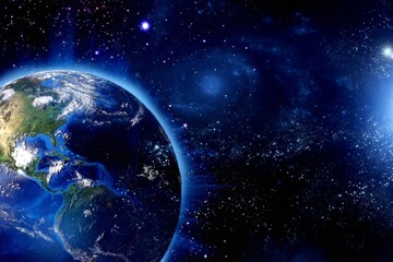 Earth planet in deep space. Outer dark space. Night on planet with cities lights. Surface of Earth.