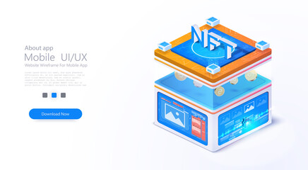 Isometric NFT cube on a white isolated background. The concept of creating NFT content. Blockchain technology or big data center. Banner for website