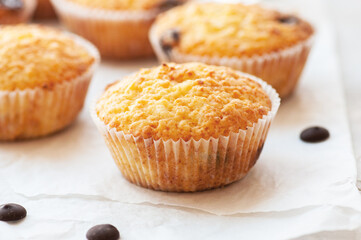 Homemade easy muffins with chocolate chips.