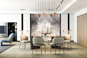 3d render of modern living room, dining table
