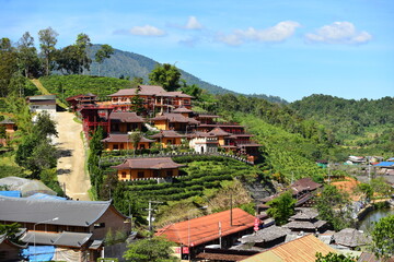 Village view in the forest area and fresh green mountains. There is nature in Thailand.