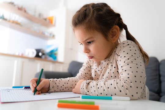 Portrait of cute preschooler child girl drawing with pencils at home while sitting in front of the camera with attentive face. Stock photo