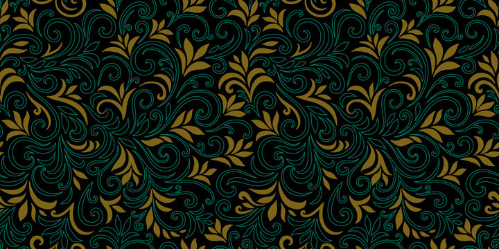 Elegant seamless pattern with leaves and curls. Luxury floral background. Vector illustration. © Oleksandra