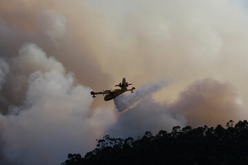Fototapeta na wymiar A Canadair CL-215 firefighting plane in the clouds of a forest fire