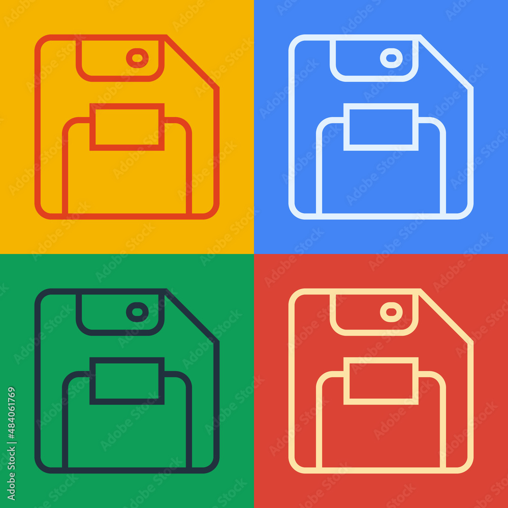 Poster pop art line floppy disk for computer data storage icon isolated on color background. diskette sign.