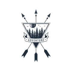 Hand drawn inspirational label with fir trees and arrowstextured vector illustrations in a triangle and 