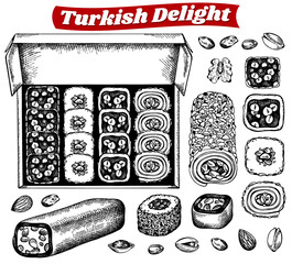 Sketch hand drawn Turkish delight isolated on white background. Outline drawing box of oriental sweets. Engraved Arabian dessert, honey, sugar, pistachio, walnut, almond, chocolate.Vector illustration