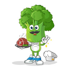 broccoli head cartoon chef with meat mascot. cartoon vector