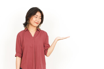 Showing and Holding Product on Open Palm Of Beautiful Asian Woman Isolated On White Background