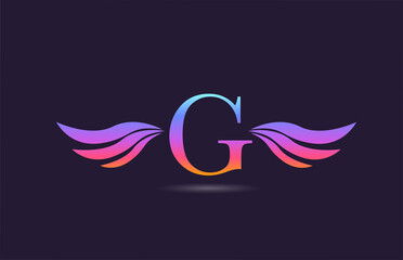 Colorful G alphabet letter logo icon design with wings. Creative template for company and business in pink yellow