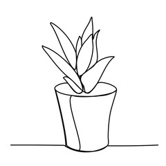 Cactus potted Plant Aloe Houseplant Continuous Line drawing on white isolated vector illustration