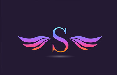 Colorful S alphabet letter logo icon design with wings. Creative template for company and business in pink yellow