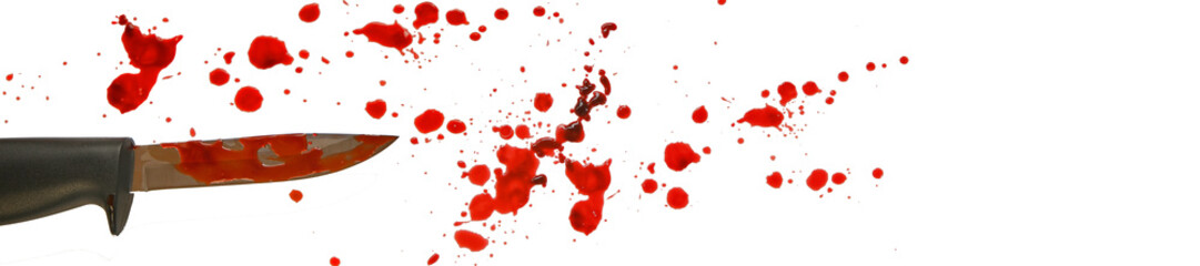 Spots of blood and knife in blood.Crime banner.Red blood splatter and drops isolated On white...