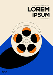 Movie and film poster design template background with film reel vintage retro style