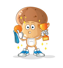 mushroom head cartoon winner with trophie. cartoon character