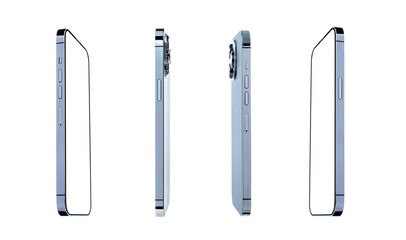 real image of frame mobile phone with sierra blue color . collection of new smartphone mockup blank screen isolated with  on white background.