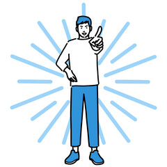 正面に向かって指を指している全身の若い男性
