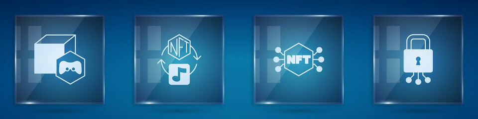 Set NFT Digital crypto art, and Cyber security. Square glass panels. Vector - obrazy, fototapety, plakaty