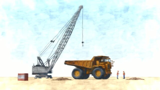 Crane Machine and Truck Stop Motion. High-Quality Background Animation
