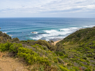 Fototapeta na wymiar View from the Great Ocean Walk above Wreck Beach - Princetown, Victoria, Australia