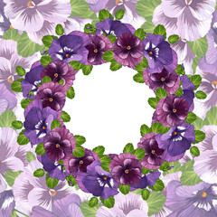 Pansies. Pansy Wreath. Summer flowers are burgundy and purple. Watercolor illustration on isolated white background.