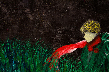 Oil painting The Little Prince. Planet on canvas. Space and stars. Romantic picture. Background.
