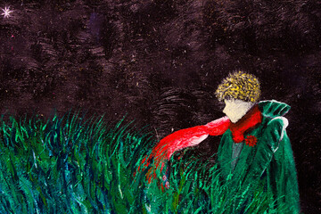 Oil painting The Little Prince. Planet on canvas. Space and stars. Romantic picture. Background.