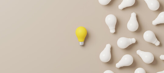 Light bulb yellow outstanding among lightbulb group. Concept of creative idea and innovation, Unique, Think different, Individual and standing out from the crowd. 3d render illustration