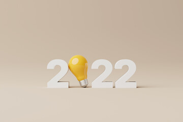 Creative idea and inspire innovation concept. Light bulb and 2022 new year on yellow background. Business solution and planning. 3d rendering illustration