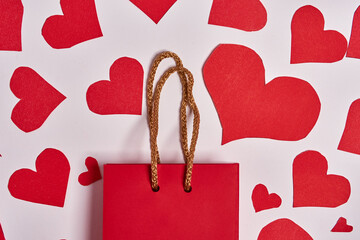 Cute red and colorful gift bags and boxes. Gifts for valentine's day. The day of love and friendship. Hearts, love, affection, friends, celebration, ribbons and bows.