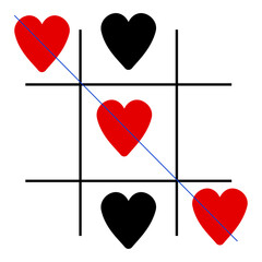 Tic tac toe with hearts. Black and red. Valentines card. Cartoon art. Romantic concept. Vector illustration. Stock image. 