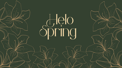 welcome spring and hello spring. golden flower sketch background as greeting card. as a congratulatory poster or banner, wedding invitation.