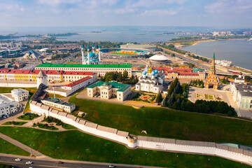 Aerial view of historical districts of Kazan on bank of Volga River overlooking ancient Kremlin on sunny summer day, Republic of Tatarstan, Russia.