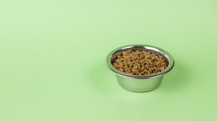 Metal dog bowl filled with dry food. Place for text.