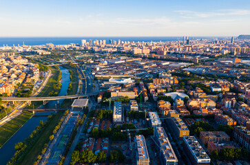 Top view on Barcelona and district Sant Adria de Besos, Besos river. Spain