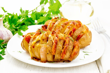 Potatoes puff smoked bacon in plate on board