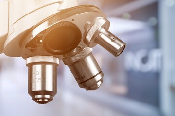 New modern microscope. Medicine research concept. History of biology, alchemy, vaccination.