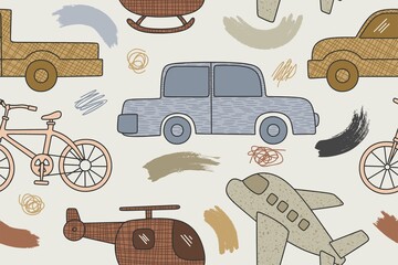 Cute vector transport pattern. Cartoon travel seamless background. © andin