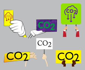 Hand holding up a banner with CO2 text. Showing billboard banner, sign. CO2 emissions emission Carbon dioxide air pollution reduction zone concept.