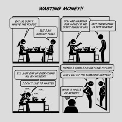 Funny comic strip. Wasting money. Woman eating too much, gain weight, and decided to go slimming center to reduce weight. Comic depicts indulgence, binge, overeating, weight gain, and wasting money.