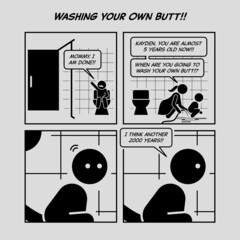Funny comic strip. Washing your own butt. Little boy calling his mother to help him to wash his buttock after poo poo. Comic depicts parenthood, motherhood, childhood, funny kid, and poop.