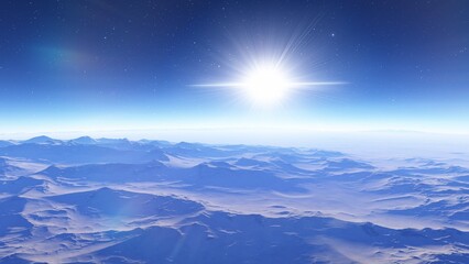 alien planet landscape sci fi spatial background, view from planet surface with spectacular sky, realistic digital illustration © ANDREI