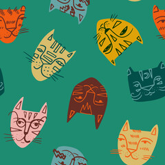 Cute trendy doodle style tigers seamless pattern for fabric. Tiger in eyeglasses, moon tiger, calm, smiling animal.
