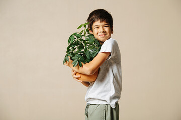 Grimacing indian boy holding a potted plant in his arms, hugging it tightly