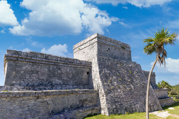 Temple of the God of Wind in Tulum Archaeological Zone with Mayan pyramids and ruins located on the scenic ocean shore of Quintana Roo province.