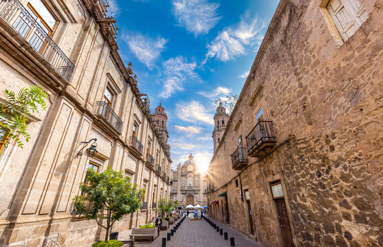 Mexico, Michoacan, Morelia, a popular tourist destination, scenic Morelia Cathedral located on Plaza de Armas in historic city center.