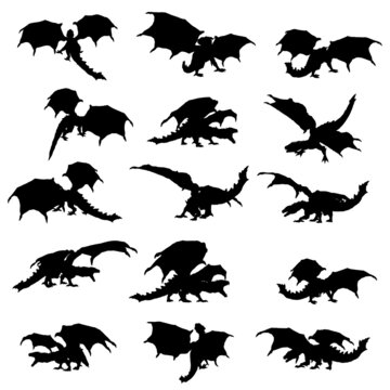 poses of dragon silhouette vector #2