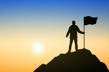 Silhouette of people and flag on top mountain, Sky and sun light background. Business success and goal concept.	